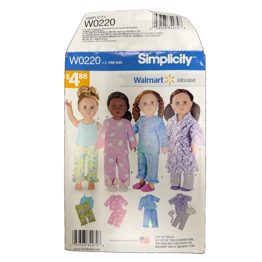 Simplicity W0220 18" Doll Clothes Pattern UNCUT Pajamas Robe Walmart Exclusive
